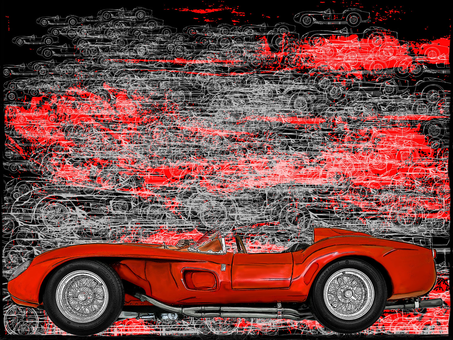 Ferrari 250 TR red Automotive Digital Artwork, created by Denis Poutet from Le Muret des Stands, automotive illustrator. 

Limited edition of 10, different dimensions, printed on plexiglass, aluminium or chromaluxe plate
