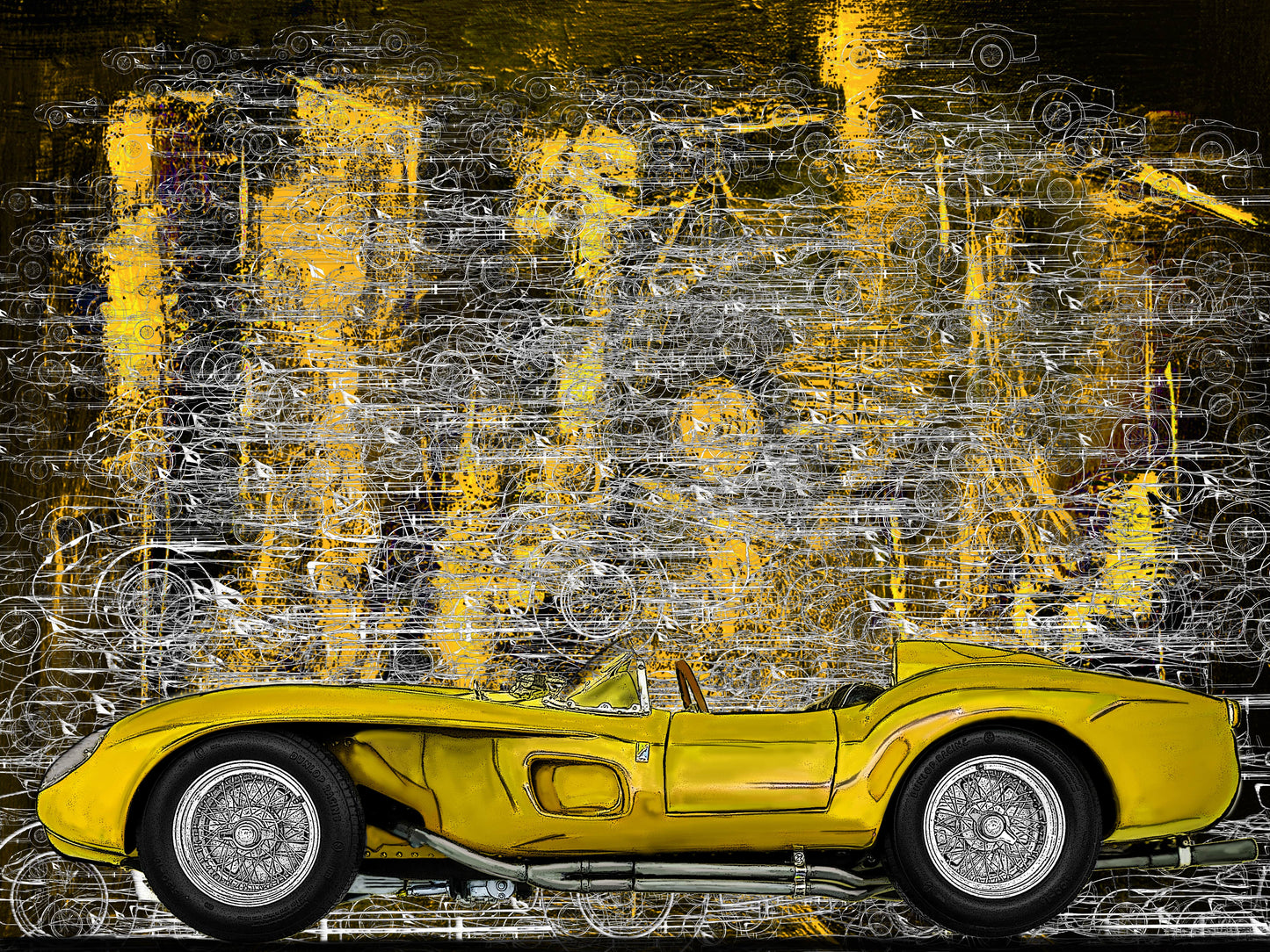 Ferrari 250 TR yellow Automotive Digital Artwork, created by Denis Poutet from Le Muret des Stands, automotive illustrator. 

Limited edition of 10, different dimensions, printed on plexiglass, aluminium or chromaluxe plate