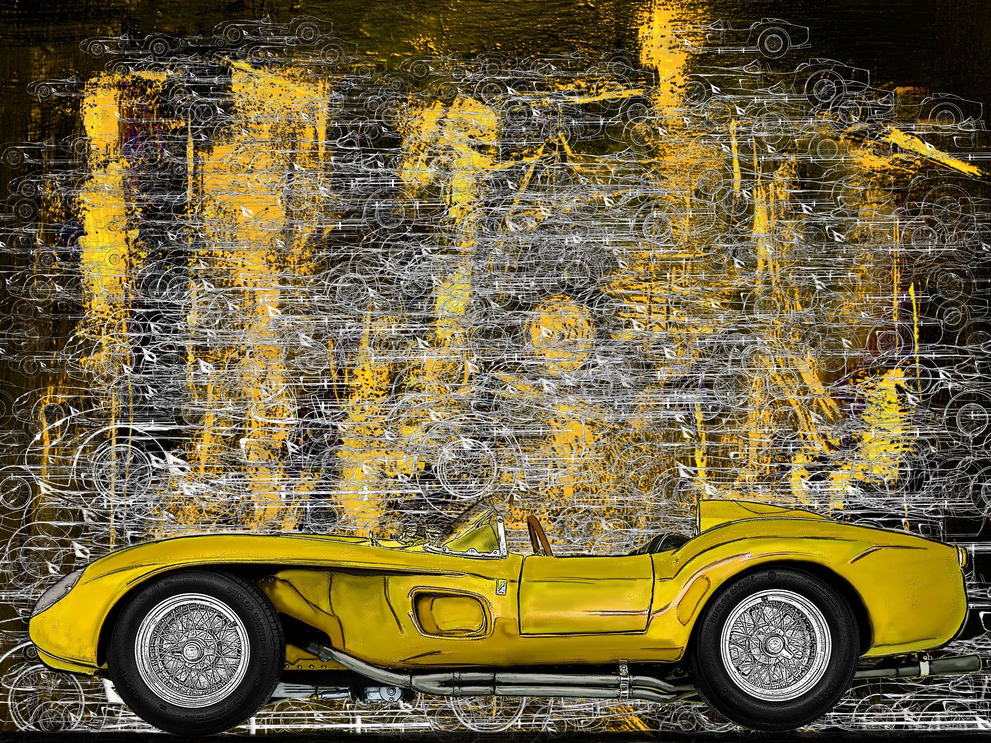 Ferrari 250 TR yellow Automotive Digital Artwork, created by Denis Poutet from Le Muret des Stands, automotive illustrator. 

Limited edition of 10, different dimensions, printed on plexiglass, aluminium or chromaluxe plate