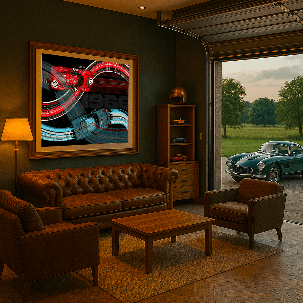 Ford GT40 VS Ferrari 330 P4 Automotive Digital Artwork, created by Denis Poutet from Le Muret des Stands, automotive illustrator. 

Limited edition of 10, different dimensions, printed on plexiglass, aluminium or chromaluxe plate. Exhibition in collectors garage