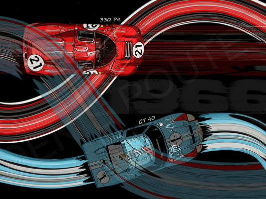 Ford GT40 VS Ferrari 330 P4 Automotive Digital Artwork, created by Denis Poutet from Le Muret des Stands, automotive illustrator. 

Limited edition of 10, different dimensions, printed on plexiglass, aluminium or chromaluxe plate