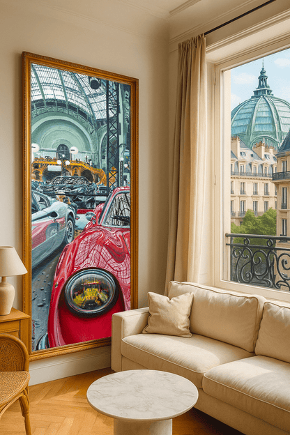 Ferrari Dino 246 GT & F12 Berlinetta at Grand Palais during the Tour Auto, Automotive Oil Painting, created by Dominique Leonard, automotive painter. 

Original and unique artwork on canvas exhibition