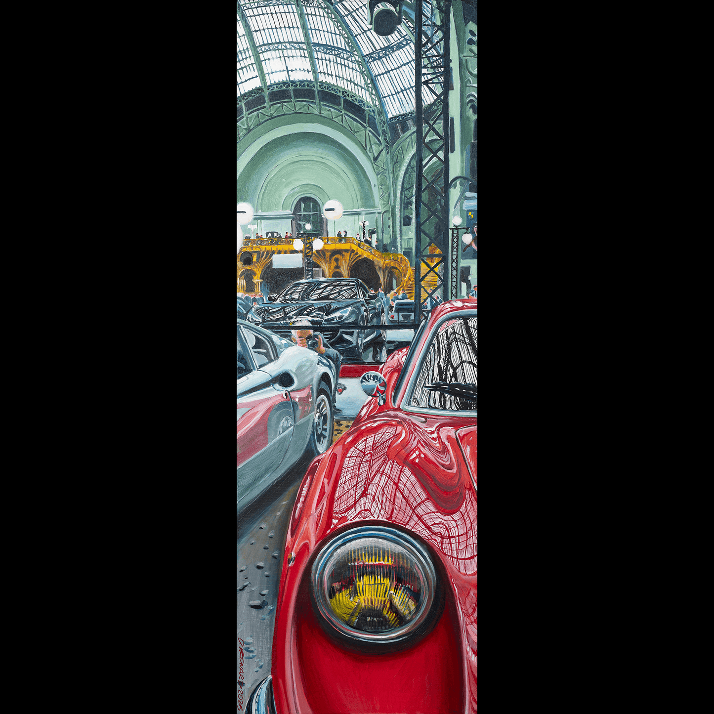 Ferrari Dino 246 GT & F12 Berlinetta at Grand Palais during the Tour Auto, Automotive Oil Painting, created by Dominique Leonard, automotive painter. 

Original and unique artwork on canvas.