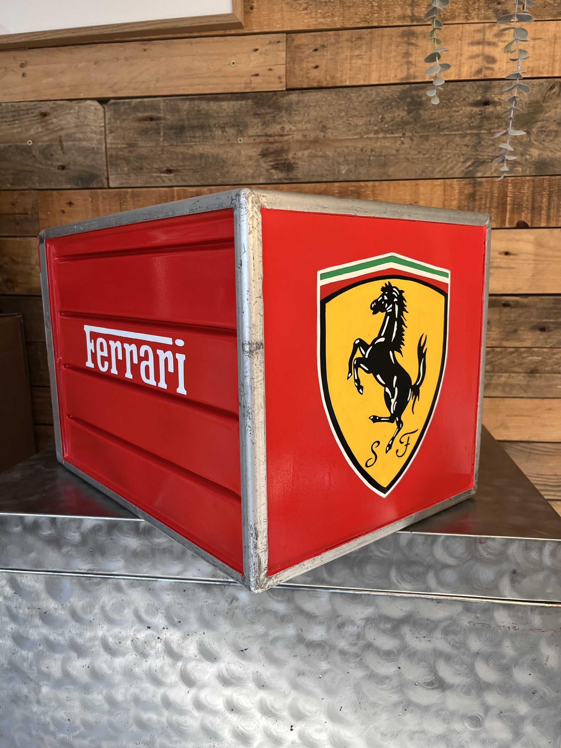 Ferrari red custom automotive galley box, created by Mathieu Ollevier from Vintage Addict, limited edition of 8, 40x28x28 cm format. Back view showcasing the handpainted detail, a collector’s piece for automotive, vintage and aviation enthusiasts.