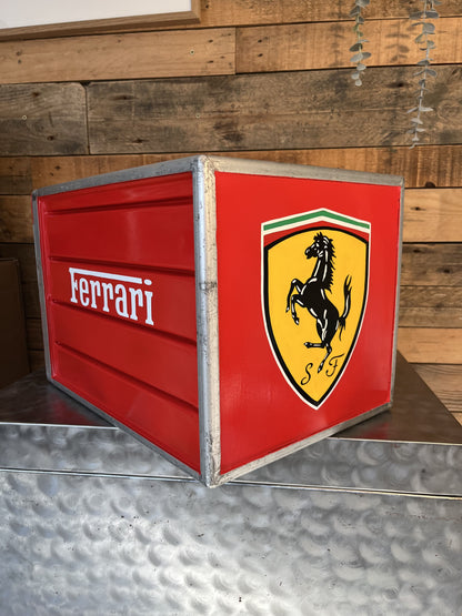 Ferrari red custom automotive galley box, created by Mathieu Ollevier from Vintage Addict, limited edition of 8, 40x28x28 cm format. Back view showcasing the handpainted detail, a collector’s piece for automotive, vintage and aviation enthusiasts.