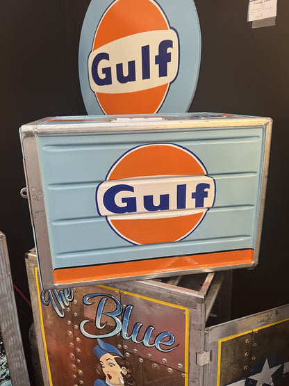 Gulf orange blue hand-painted custom automotive galley box, created by Mathieu Ollevier from Vintage Addict, limited edition of 8, 40x28x28 cm format. Side view showcasing the handpainted detail, a collector’s piece for automotive, vintage and aviation enthusiasts.