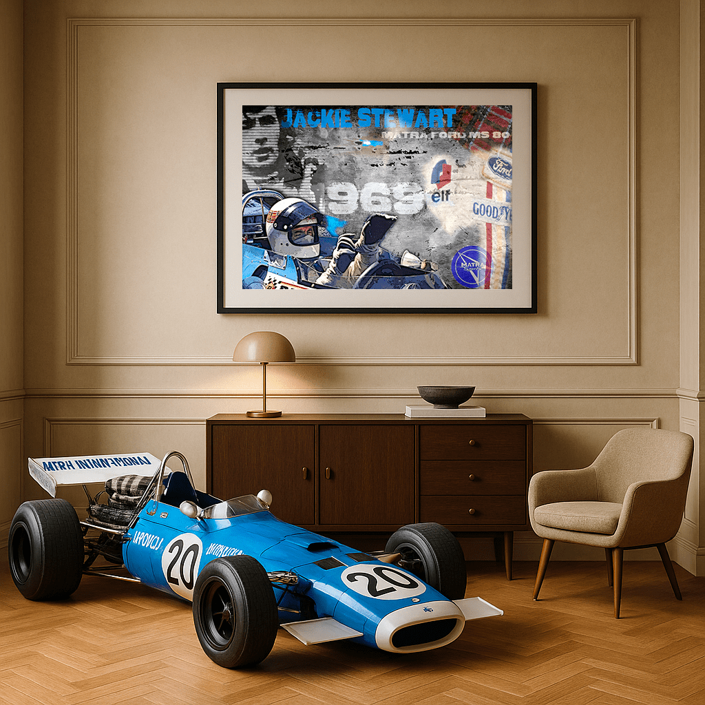 Jackie Stewart Celebration Matra Ford MS 80 in 1969. Automotive Digital Artwork, created by Denis Poutet from Le Muret des Stands, automotive illustrator. Exhibition in your automotive office.

Limited edition of 10, different dimensions, printed on plexiglass, aluminium or chromaluxe plate