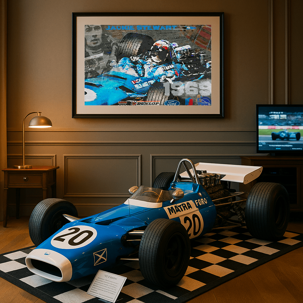 Jackie Stewart Celebration at the wheel of Matra Ford MS 80 in 1969. Automotive Digital Artwork, created by Denis Poutet from Le Muret des Stands, automotive illustrator. 

Limited edition of 10, different dimensions, printed on plexiglass, aluminium or chromaluxe plate. Exhibition in your motorsport interior