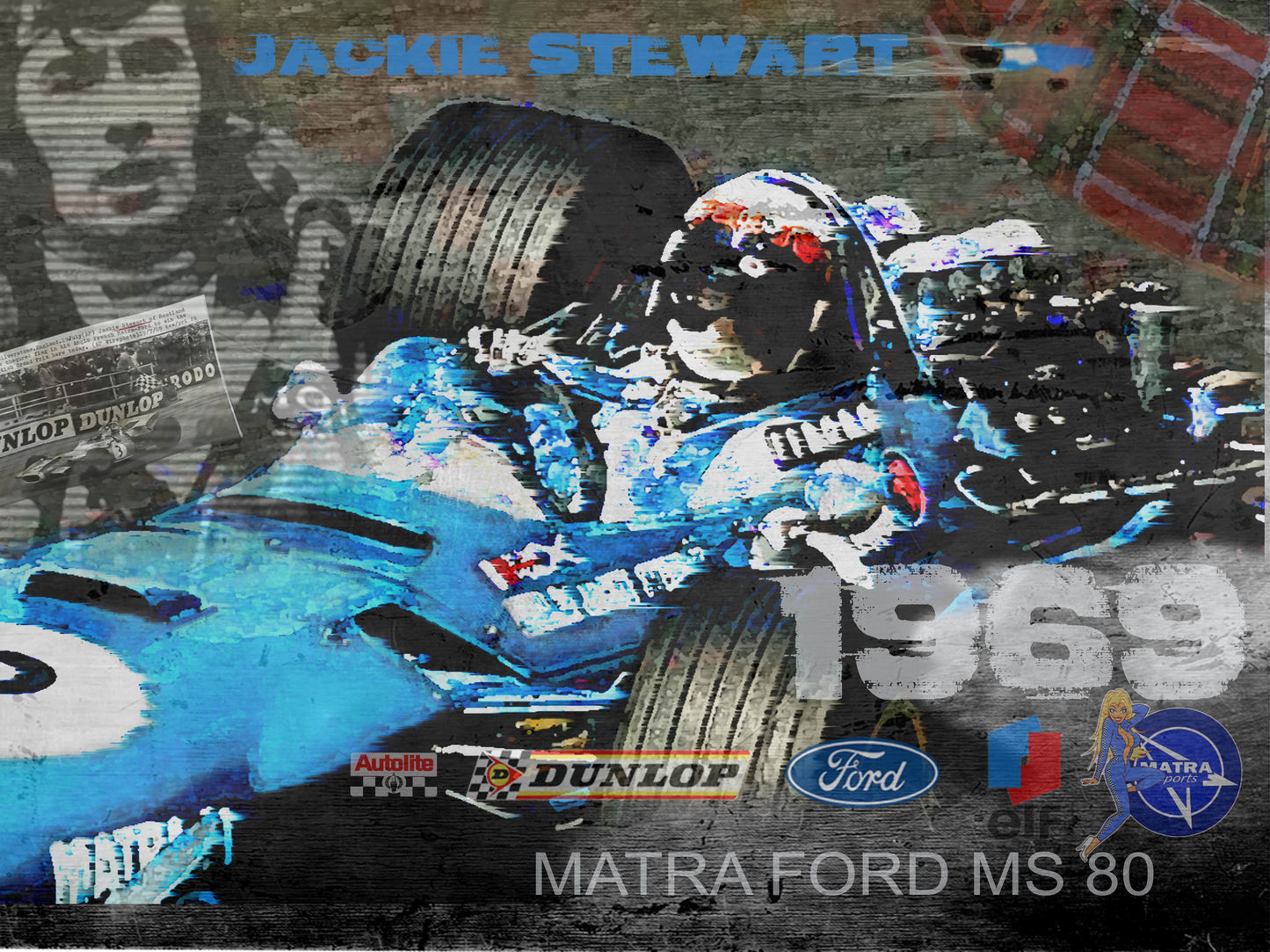 Jackie Stewart at the wheel of Matra Ford MS 80 in 1969. Automotive Digital Artwork, created by Denis Poutet from Le Muret des Stands, automotive illustrator. 

Limited edition of 10, different dimensions, printed on plexiglass, aluminium or chromaluxe plate