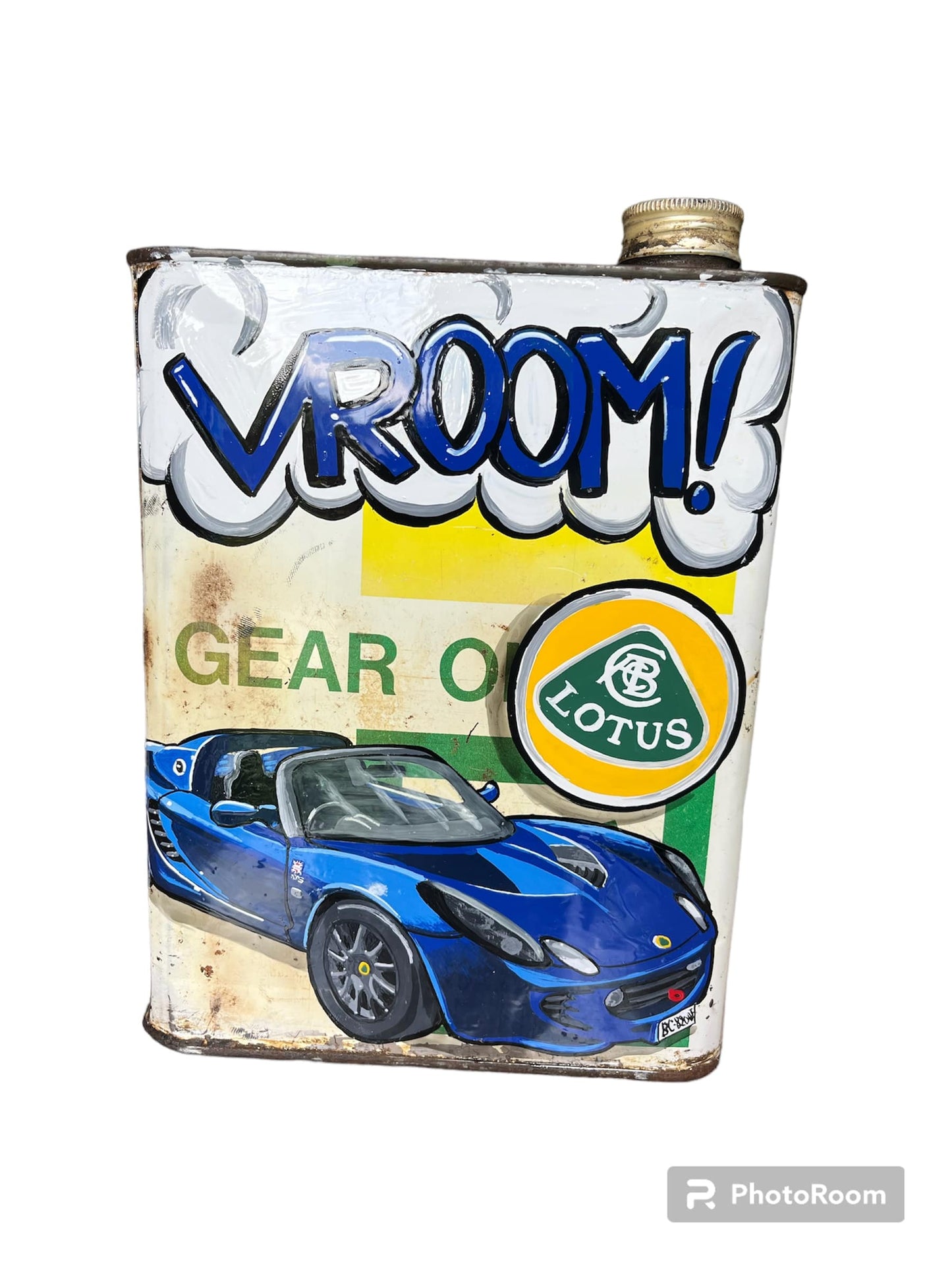Lotus hand-painted custom vintage automotive vintage automotive oil can, created by Mathieu Ollevier from Vintage Addict, limited edition of 10, 23x17 cm format. Front view showcasing the handpainted detail, a collector’s piece for automotive, vintage and art enthusiasts.
