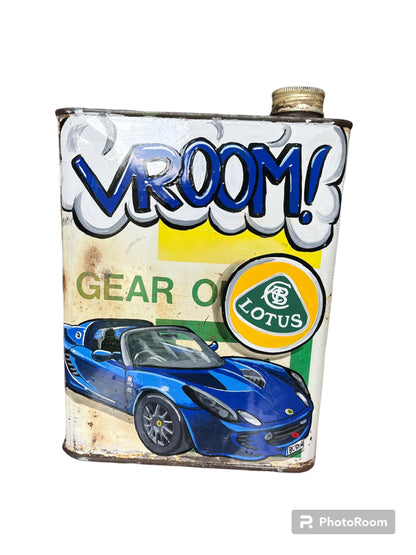 Lotus hand-painted custom vintage automotive vintage automotive oil can, created by Mathieu Ollevier from Vintage Addict, limited edition of 10, 23x17 cm format. Front view showcasing the handpainted detail, a collector’s piece for automotive, vintage and art enthusiasts.