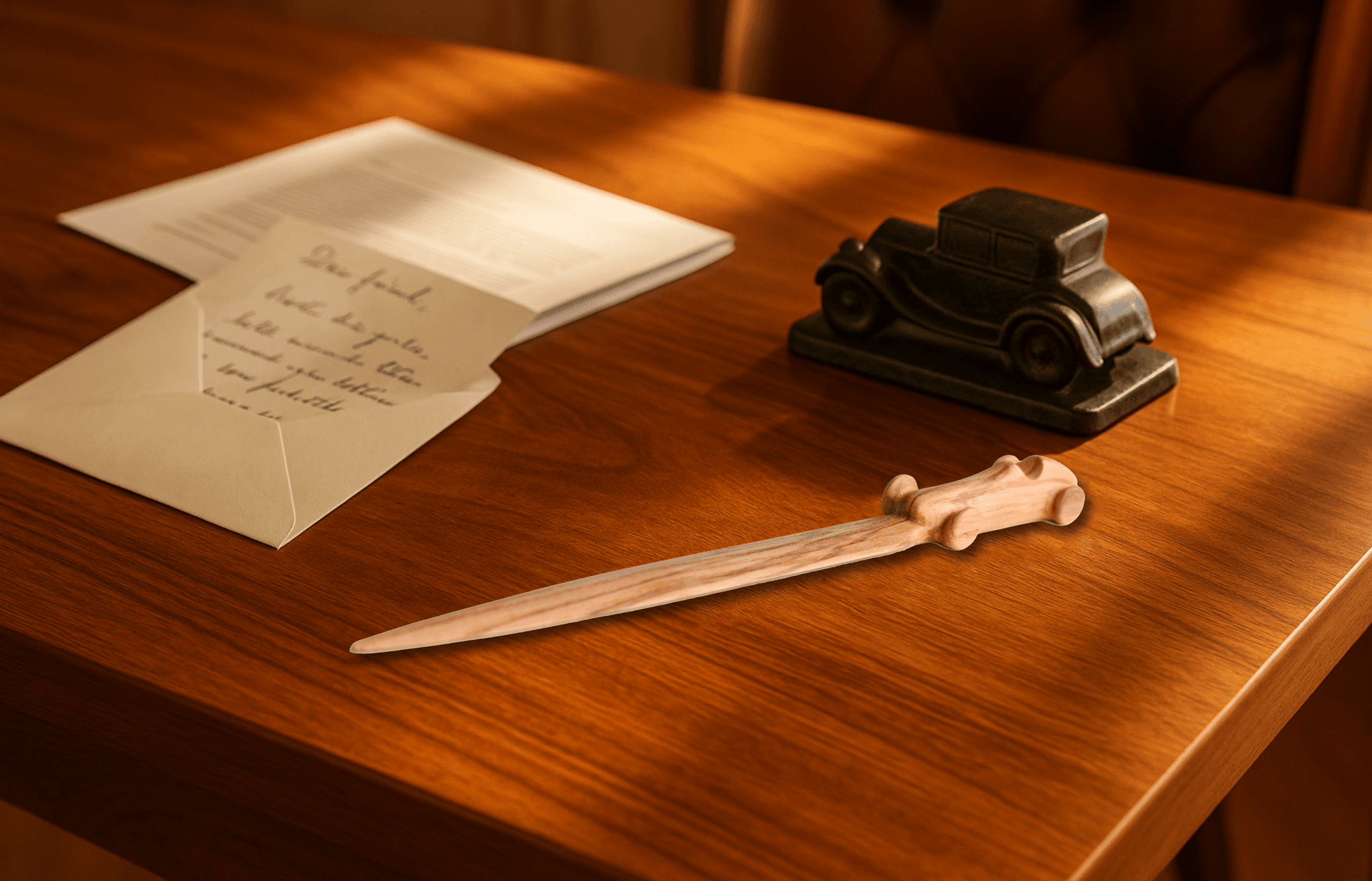 Solid wood desk decoration representing a Maserati 4CLT letter opener, created by Stéphane Carton from Atelier Stéphane Carton, woodworker & cabinetmaker.

Olive ash, black, red or cognac leather case. Personalization possible.

Perfect for vintage automotive tool desk lovers, classic cars enthusiasts and Maserati owners. Exhibition view.