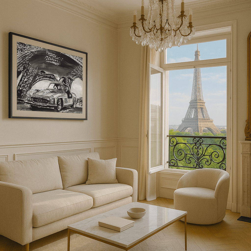 Mercedes 300 SL Gullwing under the Eiffel Tower, Automotive Oil Painting, created by Dominique Leonard, automotive painter. 

Original and unique artwork on canvas exhibition