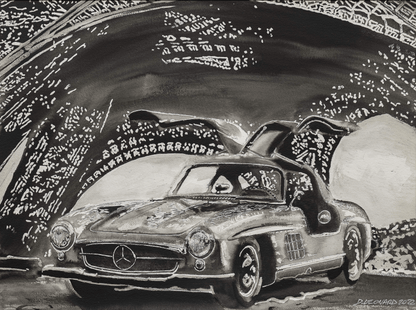 Mercedes 300 SL Gullwing under the Eiffel Tower, Automotive Oil Painting, created by Dominique Leonard, automotive painter. 

Original and unique artwork on canvas