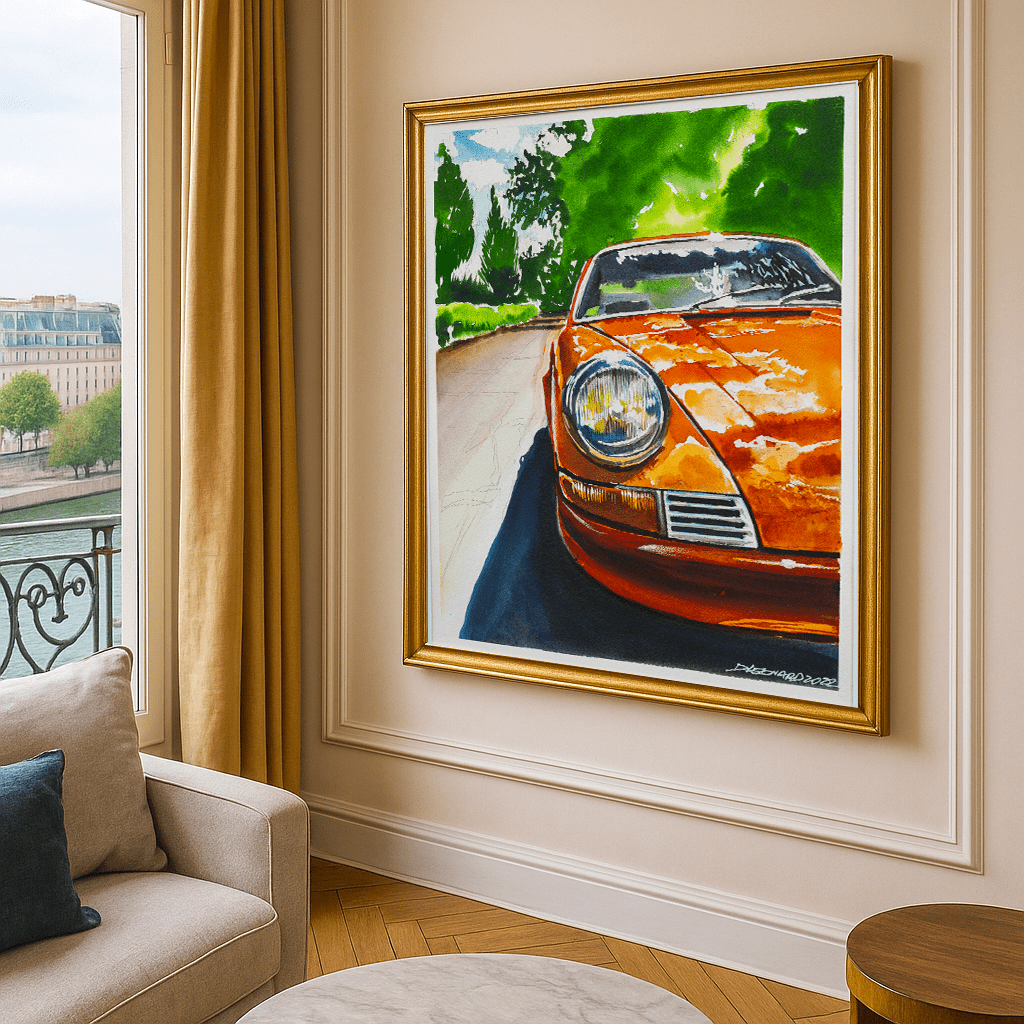 Porsche 912 Blutorange by the River Seine in Paris, Automotive Watercolor & China Ink Painting, created by Dominique Leonard, automotive painter. 

Original and unique artwork on canvas exhibition