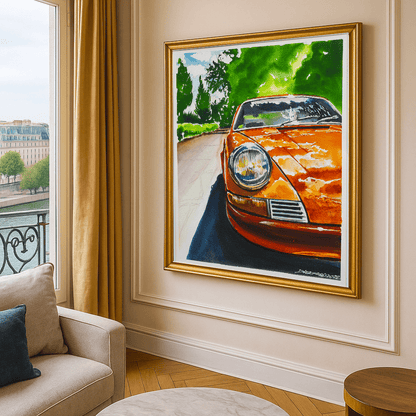 Porsche 912 Blutorange by the River Seine in Paris, Automotive Watercolor & China Ink Painting, created by Dominique Leonard, automotive painter. 

Original and unique artwork on canvas exhibition