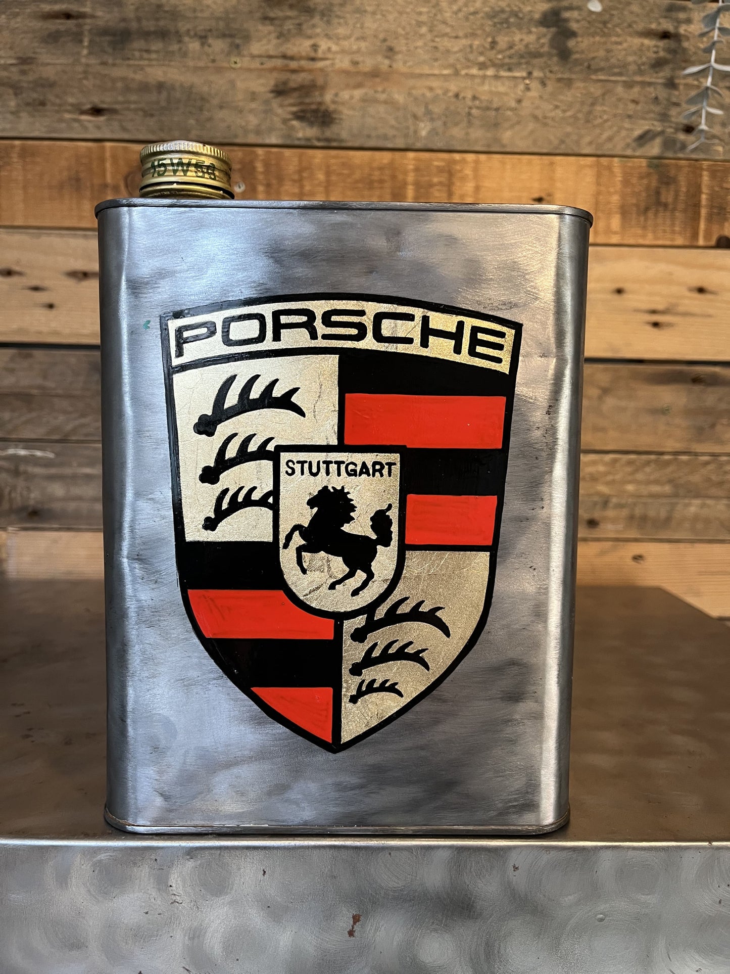 Porsche grey hand-painted custom vintage automotive vintage automotive oil can, created by Mathieu Ollevier from Vintage Addict, limited edition of 10, 23x17 cm format. Front view showcasing the handpainted detail, a collector’s piece for automotive, vintage and art enthusiasts.