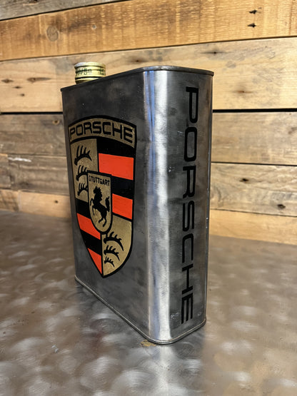 Porsche grey hand-painted custom vintage automotive vintage automotive oil can, created by Mathieu Ollevier from Vintage Addict, limited edition of 10, 23x17 cm format. Left view showcasing the handpainted detail, a collector’s piece for automotive, vintage and art enthusiasts.