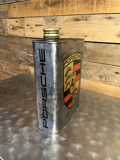 Porsche grey hand-painted custom vintage automotive vintage automotive oil can, created by Mathieu Ollevier from Vintage Addict, limited edition of 10, 23x17 cm format. Right view showcasing the handpainted detail, a collector’s piece for automotive, vintage and art enthusiasts.