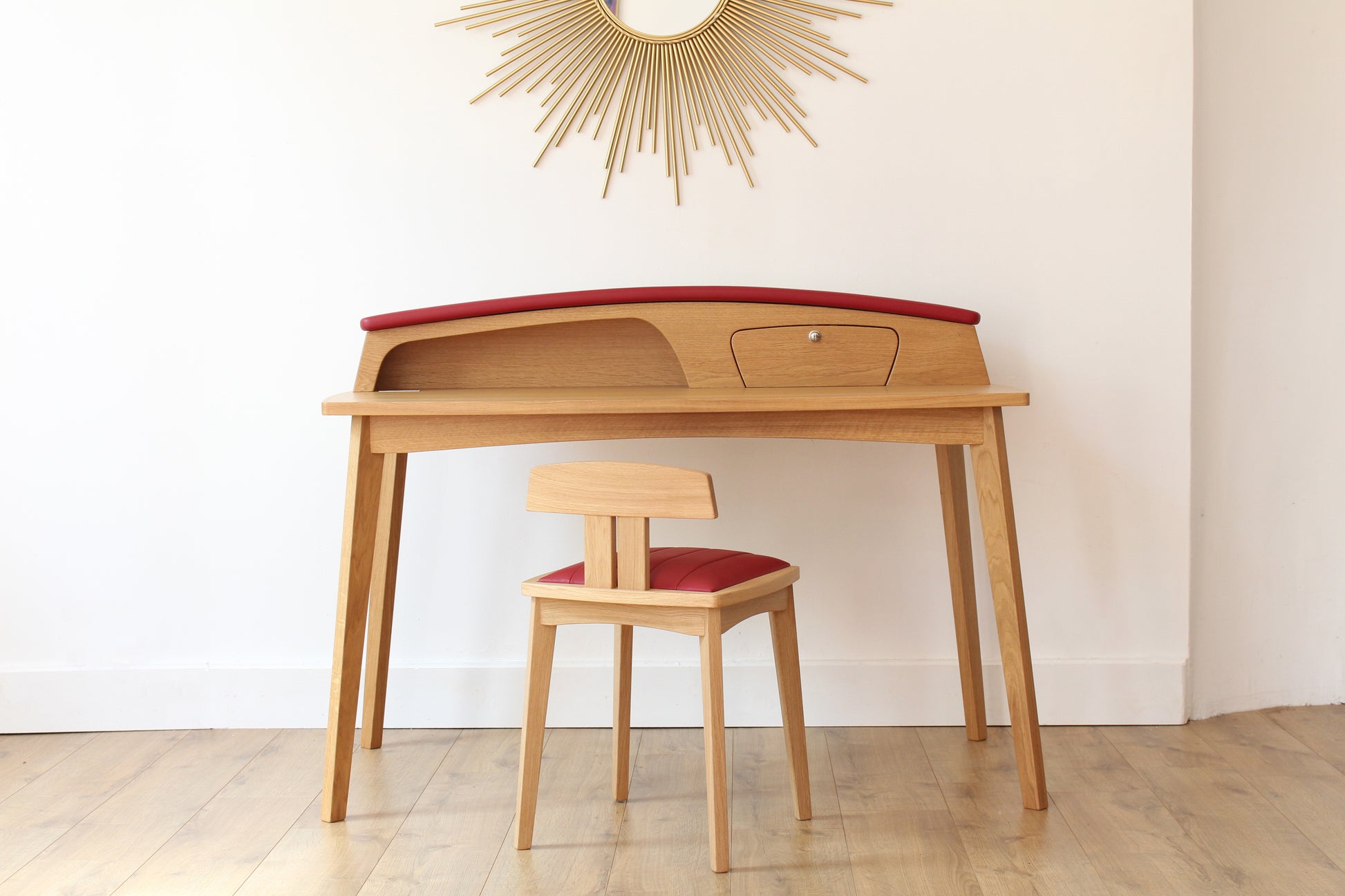Solid wood furniture representing a Porsche 356 Secretary, created by Stéphane Carton from Atelier Stéphane Carton, woodworker & cabinetmaker.

Limited edition of 25, 130 x 65 x 94 cm, solid oak. Personalization possible.

Perfect for vintage automotive design lovers, classic cars enthusiasts and Porsche 356 owners. Front view.